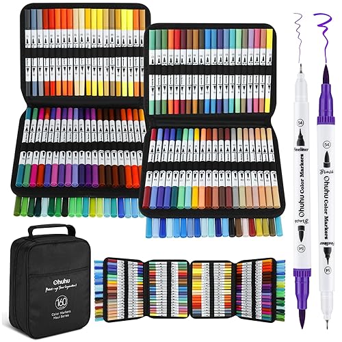 Ohuhu 160 Colors Brush Marker Set, Dual Tips Brush Fineliner Art Marker Pen, Water-Based Adult Coloring Markers for Calligraphy Drawing Sketching Bullet Journal with Carry Bag - 160 Vibrant Colors