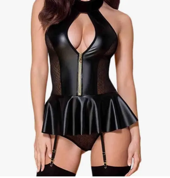 Selente Love & Fun verführerisches 3-teiliges Damen Dessous-Set aus Corsage mit Strapshaltern, Slip und Satin-Augenbinde Made in EU - S-M - Schwarz-latex-optik