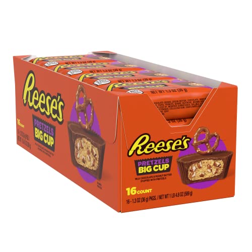 REESE'S Big Cup Stuffed with Pretzels Milk Chocolate Peanut Butter Cups Candy, Gluten Free, 1.3 oz Packs (16 Count) - Peanut Butter - Standard