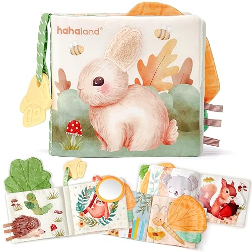 hahaland Baby Book Toy 0 3 6 12 Months - Touch and Feel Baby First Soft Cloth Crinkle Book for Babies 0 Months, Baby Boy Girl Gifts for Newborn - E - Animal Friends Theme