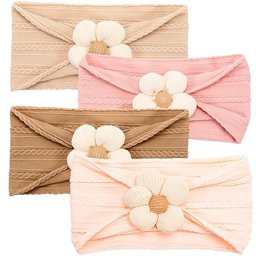4 PCS Baby Headbands,Baby Girl Headbands,Cute Baby flower Headband,Soft Elastic Baby Bows,Baby Girl Gift,Newborn Headbands for Baby Girl Bows (Coffee + Beige + Pink + Light Pink) - Coffee + Beige + Pink + Light Pink