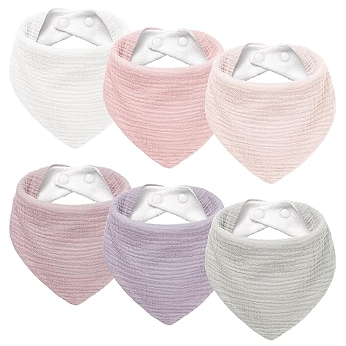 Susurration Muslin Baby Drool Bibs 6Pack Soft Triangular Adjustable Baby Bandana Bibs for Unisex Girls & Boys - Pink
