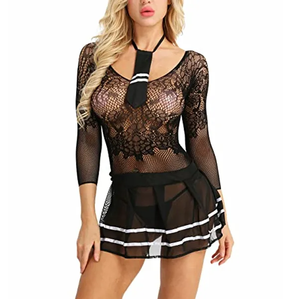 ROSVAY Lingerie Mini Robe Cosplay Écolière Sexy Uniforme Costume Etudiante en Dentelle Transparente, Outfit Femme Sailor Coquine Nuisette Résille Élastique Noir, Taille unique