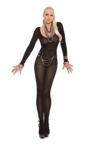 Elegant Moments Opaque Long Sleeve Bodystocking With Open Crotch - One Size / Black