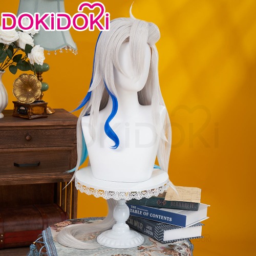 【Wig/ Lightstrip Ready For Ship】DokiDoki Game Genshin Impact Cosplay Fontaine Neuvillette Wig Long Grey Blue Highlight/ Lightstrip/Wefts | Wig Only
