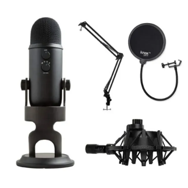 Blue Yeti Microphone (Blackout) with Boom Arm Stand, Pop Filter