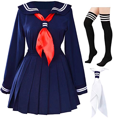 Elibelle Classic Japanese School Girls Sailor Dress Shirts Uniform Anime Cosplay Costumes with Socks set - Medium--Asia L - Navy