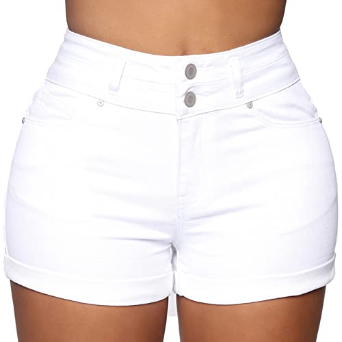 Romastory Womens High Waisted Jean Shorts Comfy Stretchy Workout Denim Shorts for Women - Medium - White