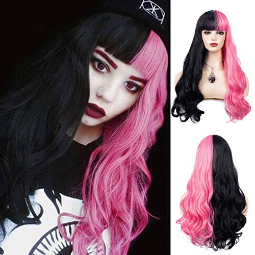 Beweig Half Pink Half Black Wavy Wigs Long Curly Wavy Split Synthetic Wig with Bangs Halloween Cosplay Wigs for Women - Black and Pink