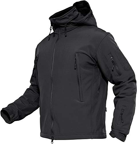 TACVASEN Men's Waterproof Softshell Jacket Fleece Tactical Military Jackets with Foldaway Hood - 3XL - Black