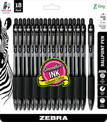 ZEBRA Z-Grip Retractable Ballpoint Pen, 1.0mm, Black Ink, 18 Pack (22218) - 18 Count (Pack of 1)