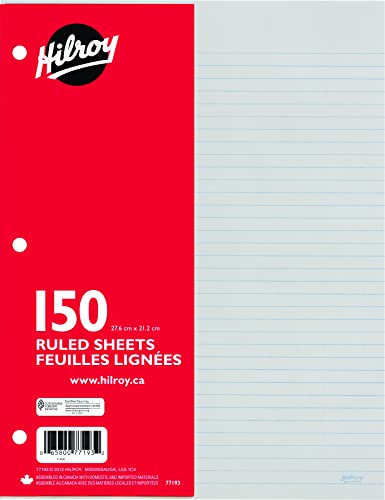 Hilroy Ruled Refill Paper, 3 Hole Punched, 10-7/8 X 8-3/8 Inches, 150 Sheets, White (77193)