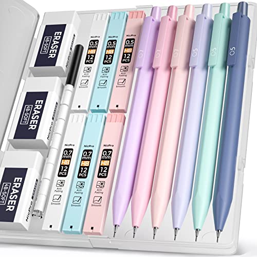 Nicpro 6PCS Pastel Mechanical Pencil Set, Cute Mechanical Pencils 0.5 & 0.7 mm with 6 Tubes HB Lead Refill, 3PCS Eraser and 9PCS Eraser Refill, Aesthetic Pencils for Girls Writing, Sketching-with Case