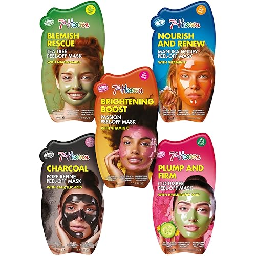 7th Heaven Face Masks Peel Off Gift Set - 5 x Peel Off Face Masks to Cleanse & Hydrate - Peel Off Skincare Set of Tea Tree, Manuka Honey, Passion, Charcoal and Cucumber - Contents May Vary