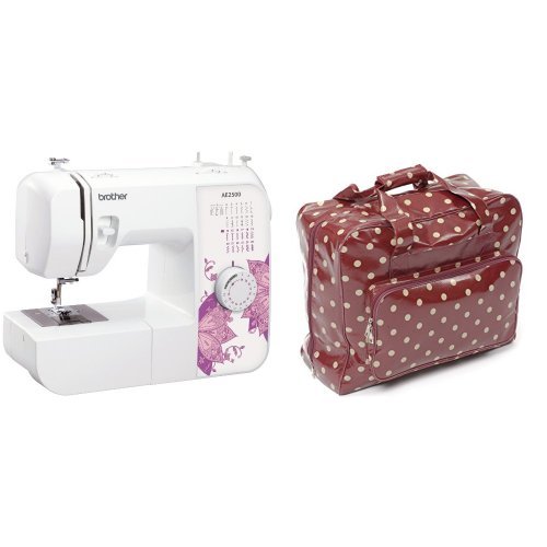 Brother AE2500 Sewing Machine with Instructional DVD, 25 Stitch & Hobby Gift PVC Sewing Machine Bag Polka, Cotton, Burgandy, 44x19x37 cm - Sewing Machine + Bag