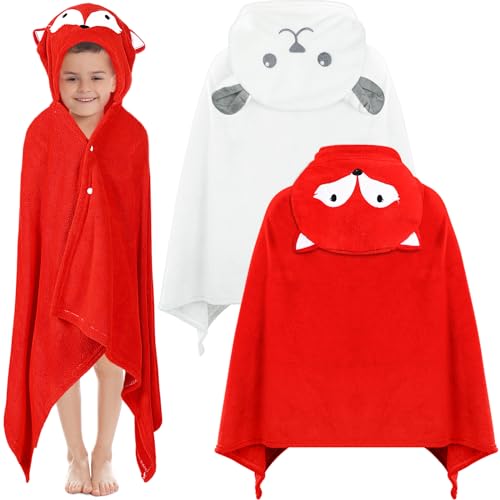 Preboun 2Pcs Hooded Towel for Kid 27.5 x 55'' Large Kid Bath Towel for 3-10 Yrs Soft Toddler Towel Toddler Bath Towel (White, Red,Bear, Fox)