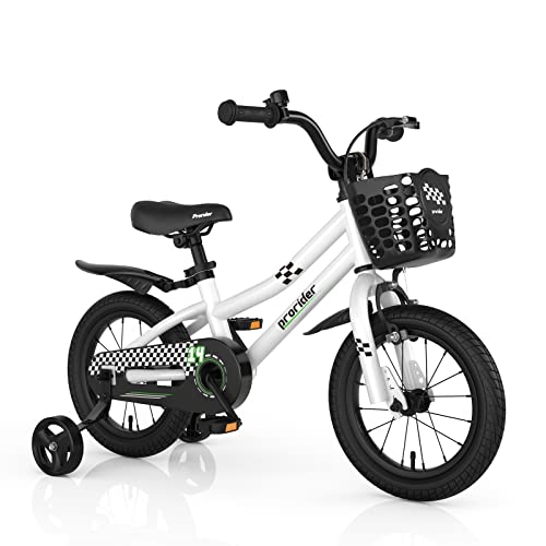 BABY JOY Kids Bike, 14 16 18 Inch Children Bikes for Boys Girls Age 3-8 Years w/Training Wheels, Handbrake, Coaster Brake & Removable Basket, Kids Bicycle of Multiple Colors - White, Checkerboard pattern - 14 Inches