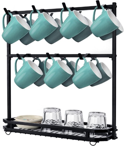 FANGSUN Large Coffee Mug Holder Stand Countertop, Mug Tree Rack for 14 Mugs, 2 Tier Counter Mug Display Storage, Metal Wire Tea Cup Holder for Coffee Station Kitchen Organizer, Not Included Mugs