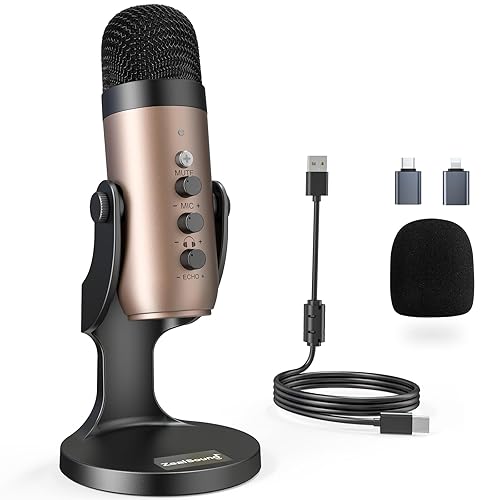 ZealSound USB Microphone,Condenser Computer PC Mic,Plug&Play Gaming Microphones for PS 4&5.Headphone Output&Volume Control,Mic Gain Control,Mute Button for Vocal,YouTube Podcast on Mac&Windows(Gold) - Gold