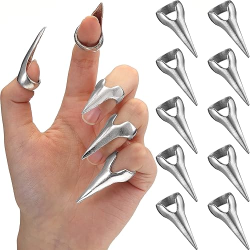 10 Pieces Finger Claws Cosplay Claws Rings Full Finger Set Retro Metal Nail Punk Rock Nail Finger Armor Gothic Talon Nail Fingertip Claw for Cosplay Nail Art Holiday Party (Silver) - Silver