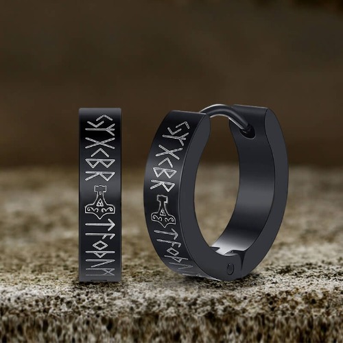 Viking Runes Stainless Steel Huggie Earrings - Black / A Pair