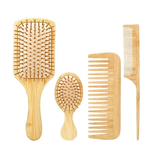 4-Piece Wooden Bamboo Comb Set with Air Cushion Hairbrush and Tail Comb,Styling Tools for All Hair Types