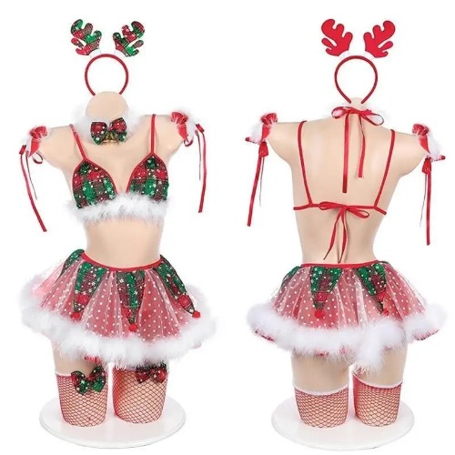 Reindeer Inspired Tutu Lingerie Set with Fur Trim and Antlers