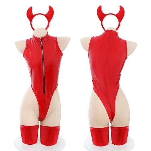 Red Latex Devil Lingerie Costume Set for Halloween