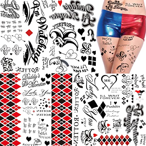 TASROI 5 Sheets Harley Quinn Tattoo Stickers For Women Men Adults, Fake Joker Harley Quinn Tattoos Suicide Squad Birds of Prey Temporary Tattoos Halloween Face Makeup, Harley Quinn Costume Accessories - 5 Sheets