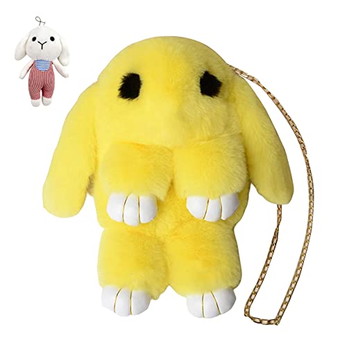 YUNPLAN Faux Rabbit Fur Crossbody Handbag Shoulder Bag with Kawaii Bag Keychain, Stuffed Animal Backpack for School Girls, Easter Gifts for Toddlers Backpack for Girls Women - Yellow