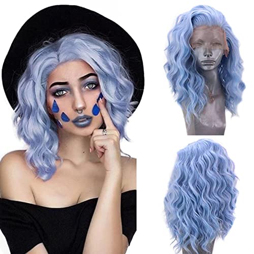 RONGDUOYI RDY Short Blue Wigs for Women Free Parting Short Bob Wave Lace Front Wigs Natural Hairline Synthetic Fiber Hair Pre Plucked Wedding Party Cosplay Wigs 12 Inches - 12 Inch - Light Blue