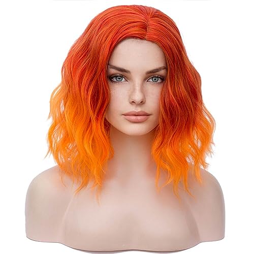 BERON 14" Women Girls Short Curly Bob Wavy Wig Body Wave Halloween Cosplay Daily Party Wigs (Ombre Orange) - Ombre Orange