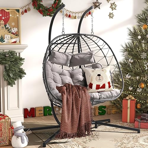 Patiorama 2 Person Double Egg Swing Chair with Stand Indoor Outdoor, Patio Wicker Rattan Hanging Egg Chair w/Cushion, Pillow, Foldable Hammock Chair 550lbs for Bedroom, Balcony, Garden (Light Grey) - Light Grey