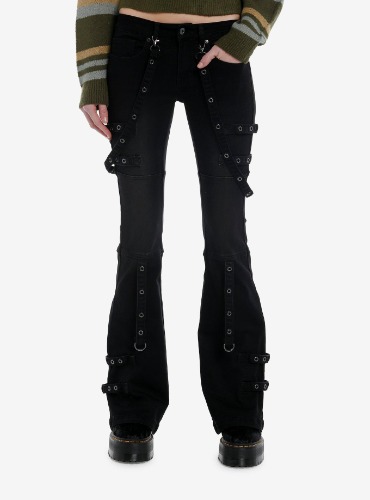 Black Grommet Tape Low-Rise Girls Bootcut Jeans