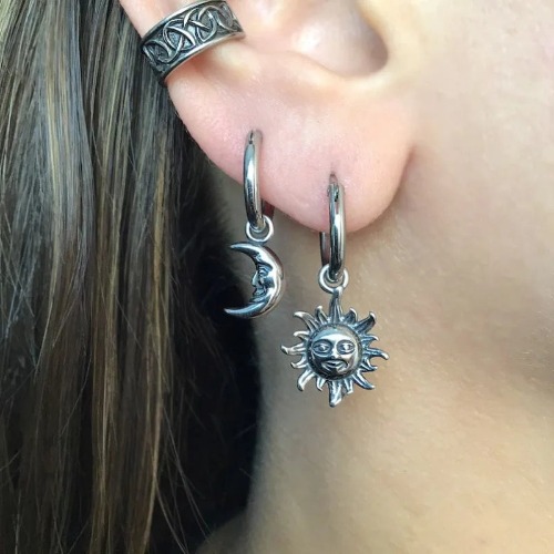 Sun and Moon Hoop Earrings - Silver