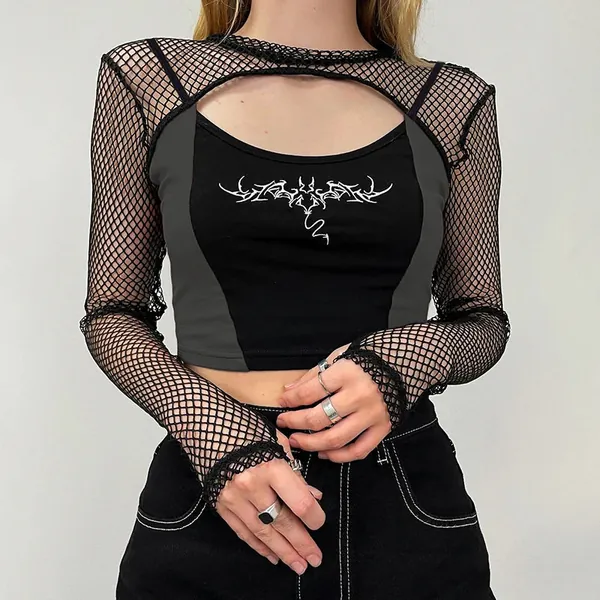 'Long Night' Black Top with Fishnet Sleeves and Front Goth 00's Style