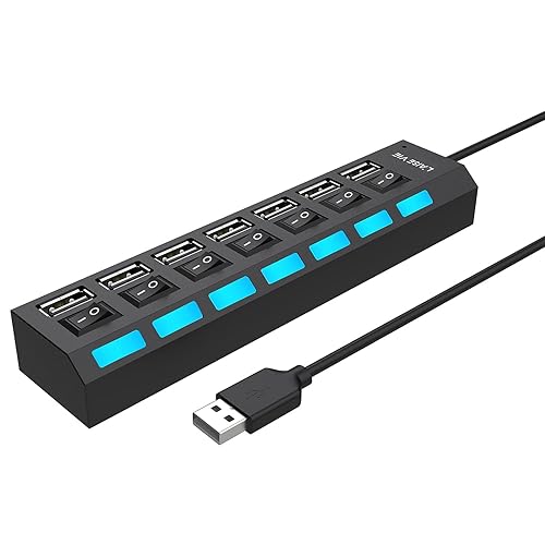 Multi Port Splitter, 7 Port USB 2.0 Hub, USB A Port Data Hub with Independent On/Off Switch and LED Indicators, Lights for Laptop, PC, Computer, Mobile HDD, Flash Drive and More (Black 2.0) - Black 2.0