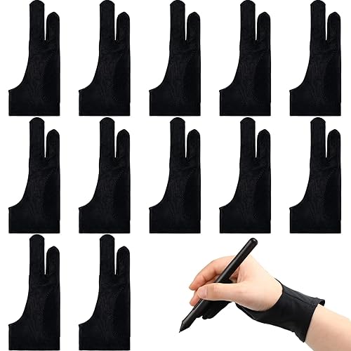 Silipull 12 Pcs Artist Drawing Glove Digital Art Glove with Two Fingers Tablet Artist's Drawing Glove for Stylus Pen Graphic Tablet Sketching Painting Anti False Touch for Right Left Hand