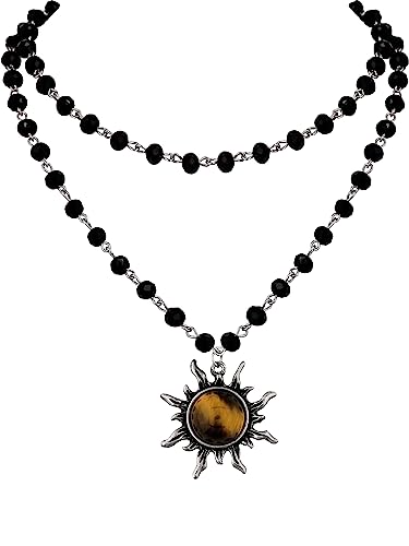 Sacina Gothic Sun Necklace, Tiger Eye Sun Pendant, Black Bead Choker Necklace, Gothic Necklace, Goth Choker, Halloween Christmas New Year Jewelry Gift for Women