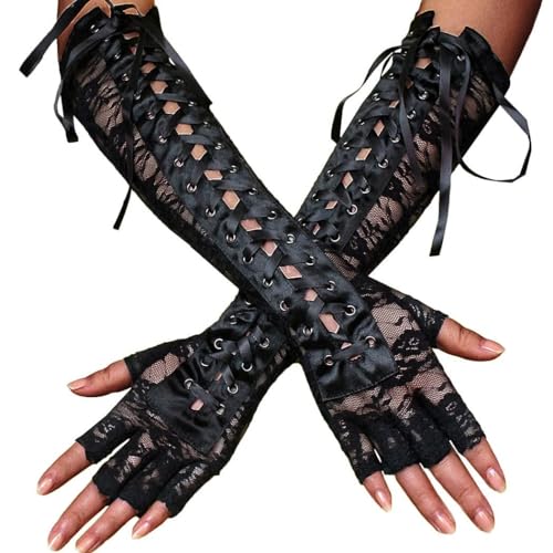 Yikisdy Fingerless Lace Up Gloves Black Elbow Glove Steam Punk Gloves Stretchy Costume Party Opera Costume for Women and Girl - Black