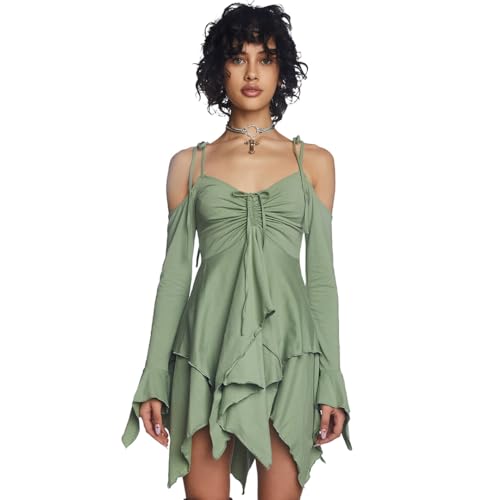 Dolls Kill F is for Fairies Handkerchief Dress by Current Mood - Off-Shoulder, Custom Fit Dress for Fairycore Fashion - X-Small - Green