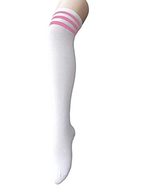 Century Star Women's Casual Athlete Striped Over Knee Socks Thin Thigh High Tights Stockings - One Size - 1 Pair White Pink