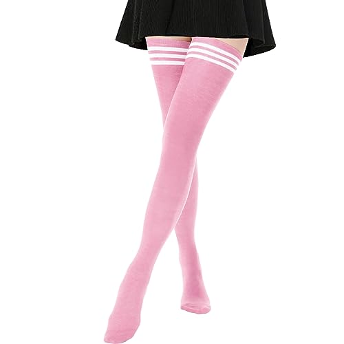 DRESHOW Extra Long High Thigh Socks Striped Over Knee Thin Tights Long Stocking - 1 Pair Longer/Regular: Pink (White Stripe) - 1