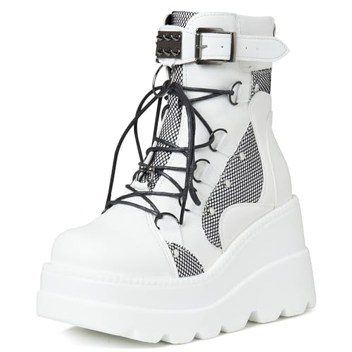 Tscoyuki Platform Ankle Boots for Women Chunky High Heel Booties Goth Round Toe Combat Boots Women Lace Up Motorcycle Wedges - 8 - 1-white