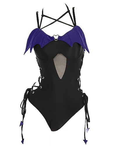 MEOWCOS Women's One Piece Swimsuits Gothic Swimsuit Devil Wings Tummy Control Bathing Suit One-Piece Swimwear - X-Large - Claret