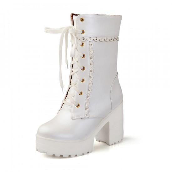 Chunky Lace Platform Boots - White / 7