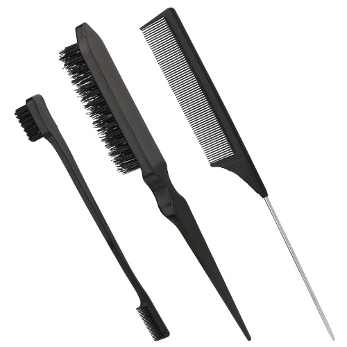 LUTER 3pcs Hair Styling Comb Kit Includes Teasing Hair Brush Fluffy Hair Brush & Rat Tail Comb & Double-Sided Edge Brush for Teasing Hair Slicking Brushing Combing Styling Hair (Black) - Black