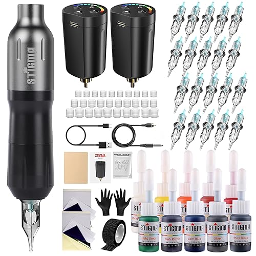 STIGMA Tattoo Maschine Set Wireless Tattoo Rotary Pen Kit Professionelles Tattoo-Maschinen-Set mit 2-teiligen Batterien 20-teilige Tattoo-Patronen-Nadeln für Anfänger und Tätowierer STP7KIT-1 - schwarz