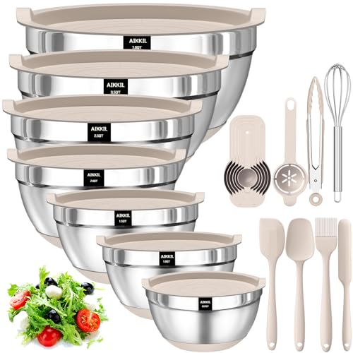 AIKKIL Mixing Bowls with Airtight Lids, 20 piece Stainless Steel Metal Nesting Bowls, Non-Slip Silicone Bottom, Size 7, 3.5, 2.5, 2.0,1.5, 1,0.67QT Great for Mixing, Baking, Serving (Khaki) - Khaki
