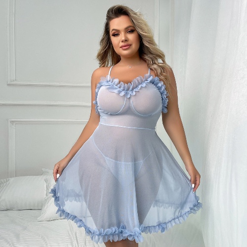 Plus Size Popular Sling Sleepwear One Piece See-Through - 2XL / Blue